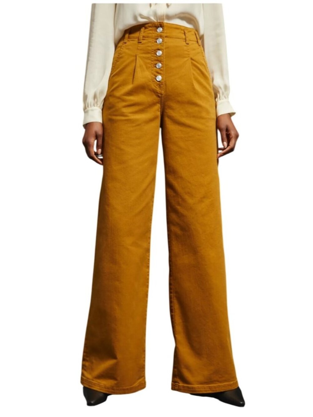 Anthropologie Maeve High-Waisted Pleated Wide-Leg Pants Mustard Button Fly Sz 26